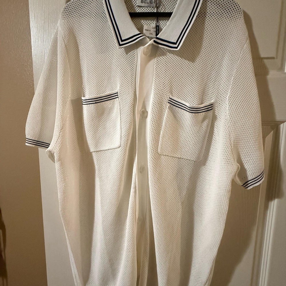 BÉLIER NWT White Textured Knit Button Up Polo Shirt 2XL